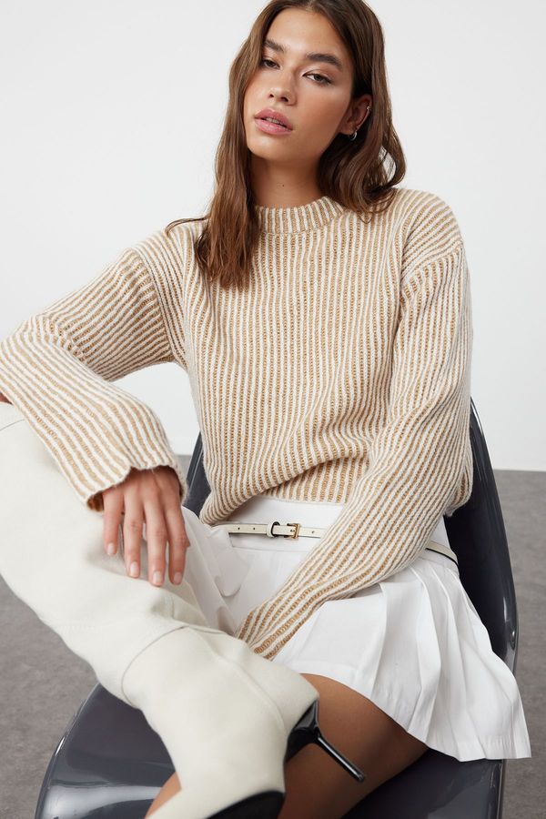 Trendyol Trendyol Camel Crop Soft Texture Crew Neck Knit Sweater