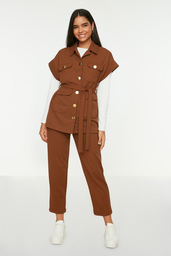 Trendyol Trendyol Camel Gold Buttoned Vest-Pants Knitted Suit