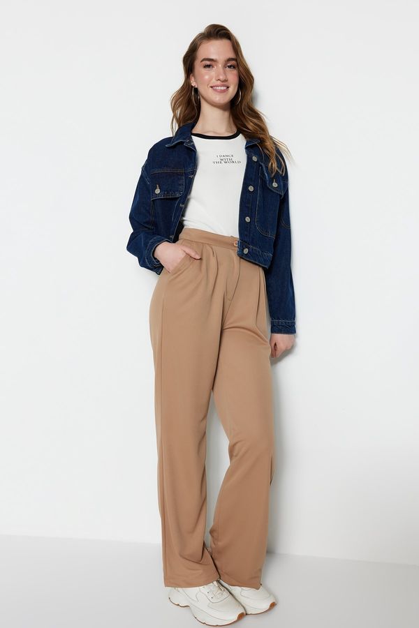 Trendyol Trendyol Camel Knitted Waist Button Closure Knitted Trousers