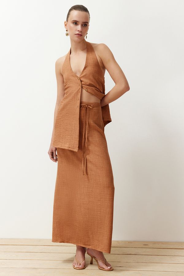 Trendyol Trendyol Camel Lacing Belt Detailed Linen Look Maxi Woven Skirt