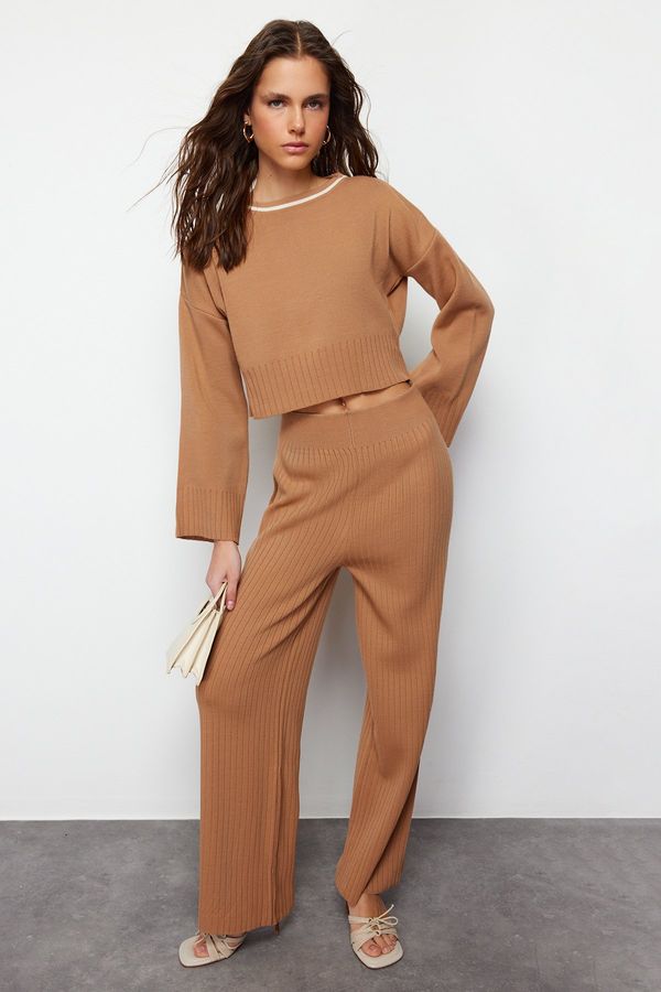 Trendyol Trendyol Camel Piping Detailed Color Blocked Knitwear Top and Bottom Set