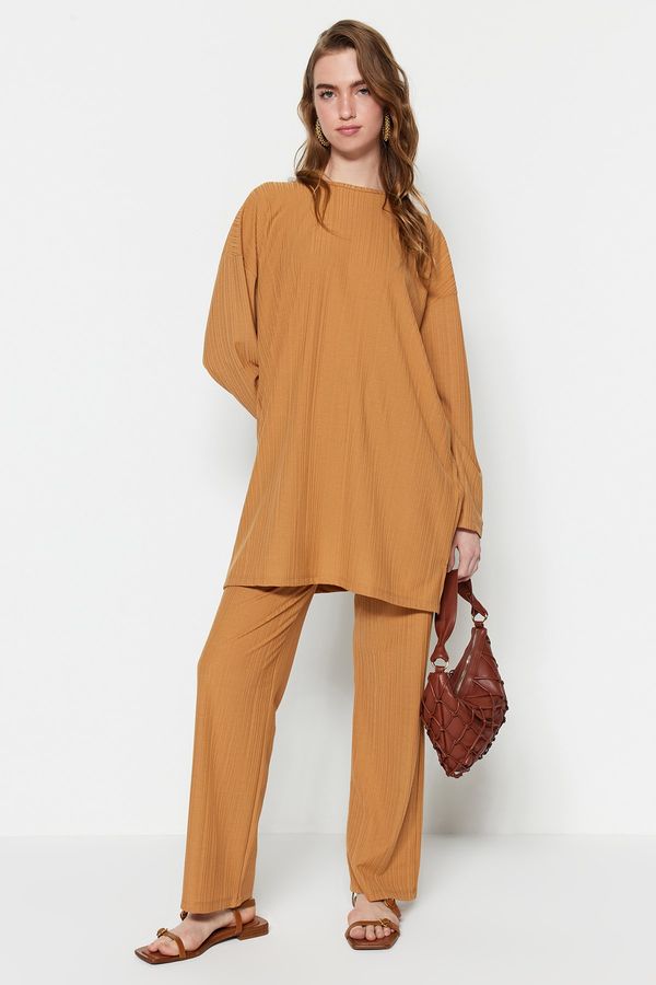 Trendyol Trendyol Camel Pleated Tunic-Pants Knitted Set
