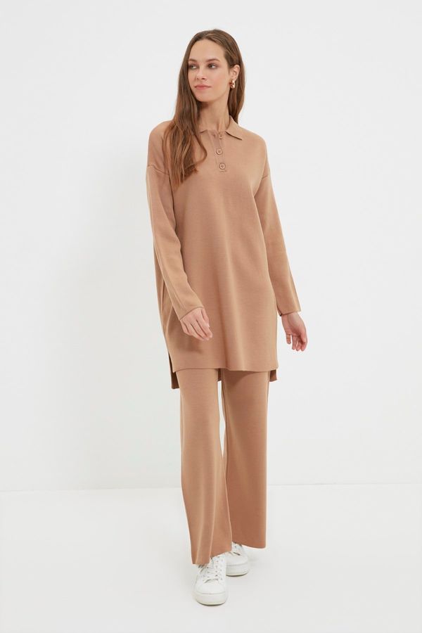 Trendyol Trendyol Camel Polo Neck Tunic-Pants Knitwear Set