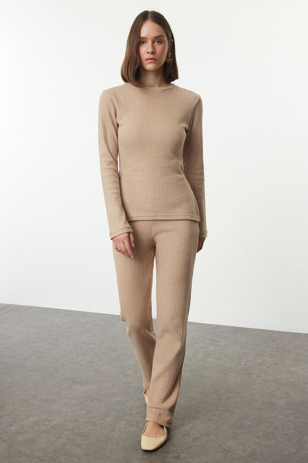 Trendyol Trendyol Camel Side Slits Regular/Normal Cut Crew Neck Knitted Bottom-Top Set