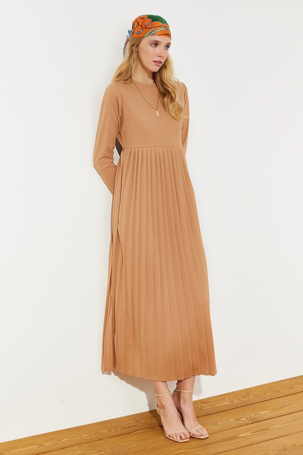 Trendyol Trendyol Camel Skirt Pleated Scuba Knitted Dress