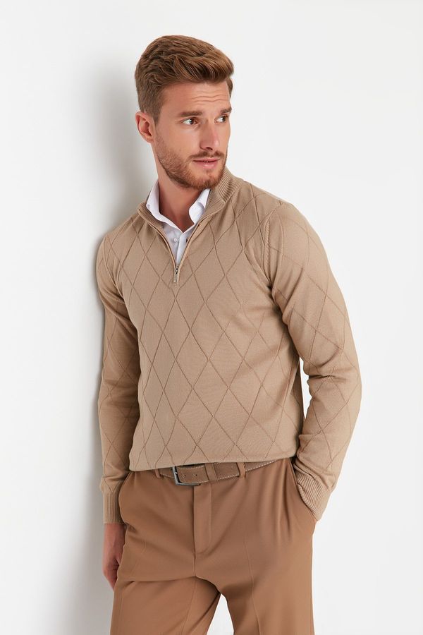 Trendyol Trendyol Camel Slim Fit Half Turtleneck Zipper Collar Smart Knitwear Sweater