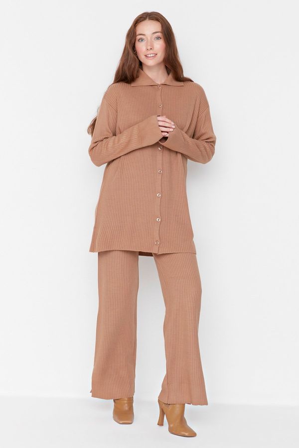 Trendyol Trendyol Camel Slit Detailed Cardigan-Pants Knitwear Suit