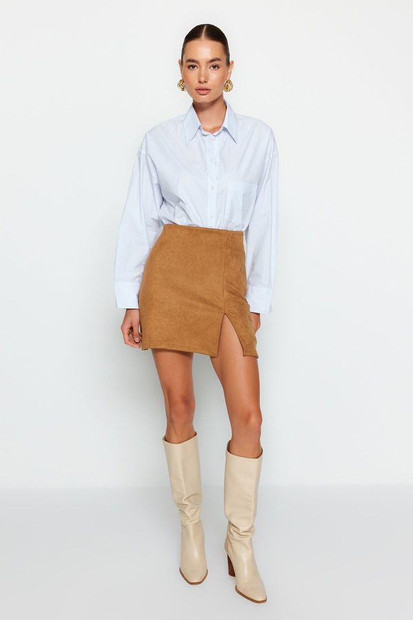 Trendyol Trendyol Camel Slit Suede Mini Knitted Skirt
