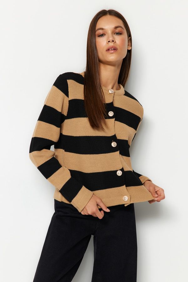 Trendyol Trendyol Camel Striped Basic Jacket Look Knitwear Cardigan