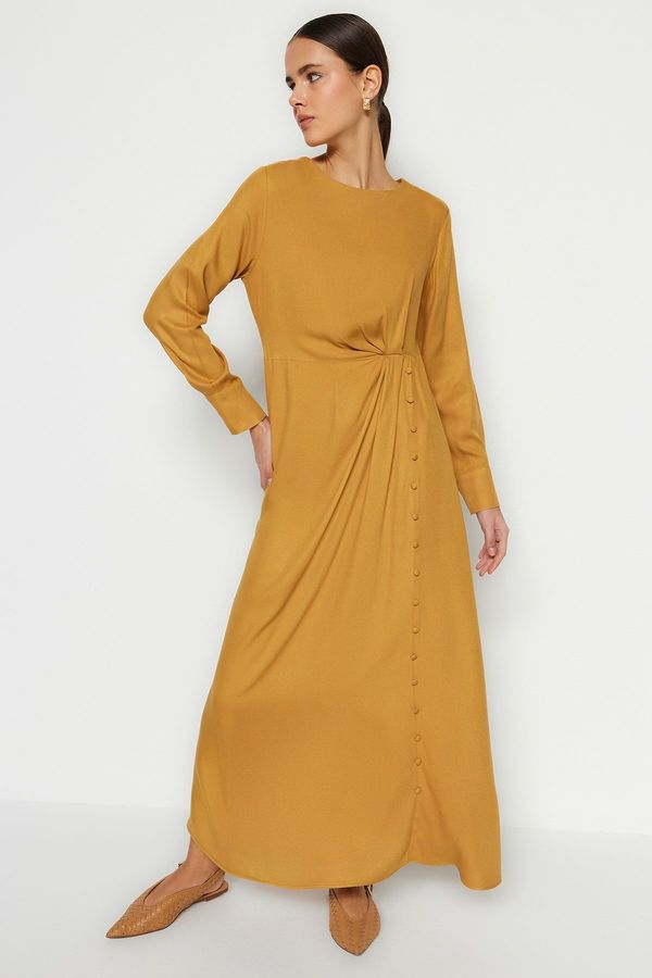 Trendyol Trendyol Camel Waist 100% Viscose Woven Dress with Shirred Fabric Covered Button Detailed