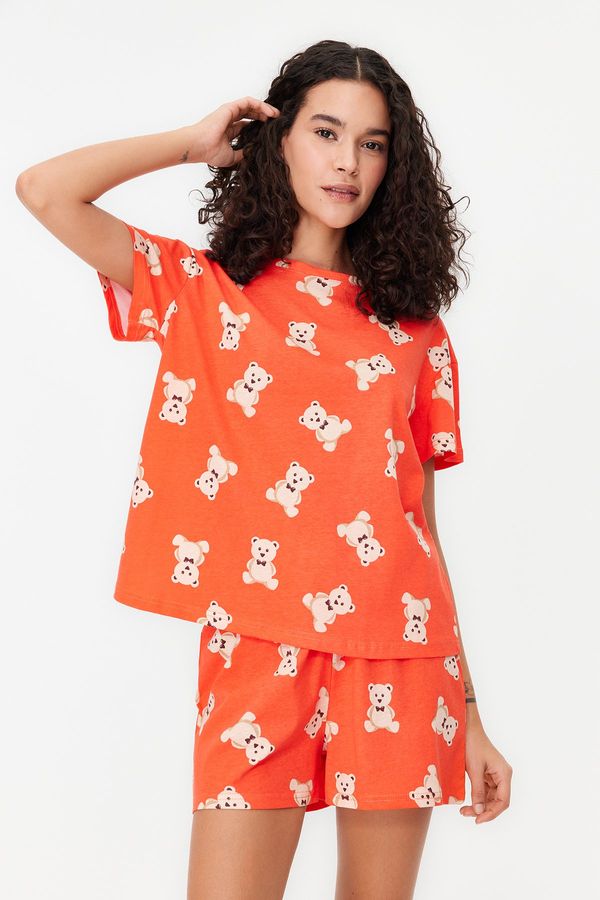 Trendyol Trendyol Cinnamon 100% Cotton Teddy Bear Patterned T-shirt-Shorts Knitted Pajamas Set