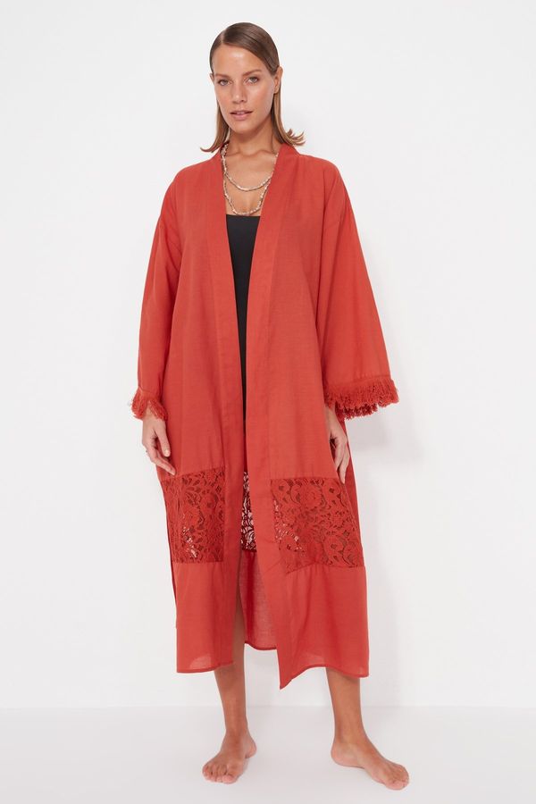 Trendyol Trendyol Cinnamon Belt Maxi Woven Ruched 100% Cotton Kimono & Caftan