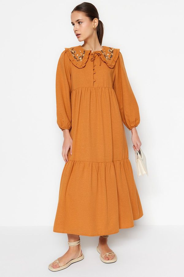 Trendyol Trendyol Cinnamon Collar Embroidered Half Pat Linen Look Woven Dress