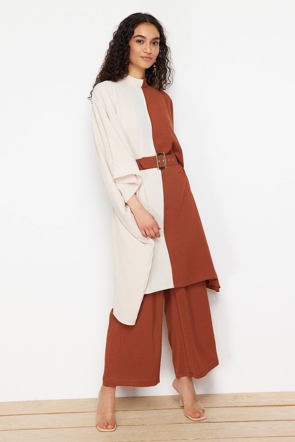 Trendyol Trendyol Cinnamon Color Block Waist Belted Tunic-Pants Woven Suit