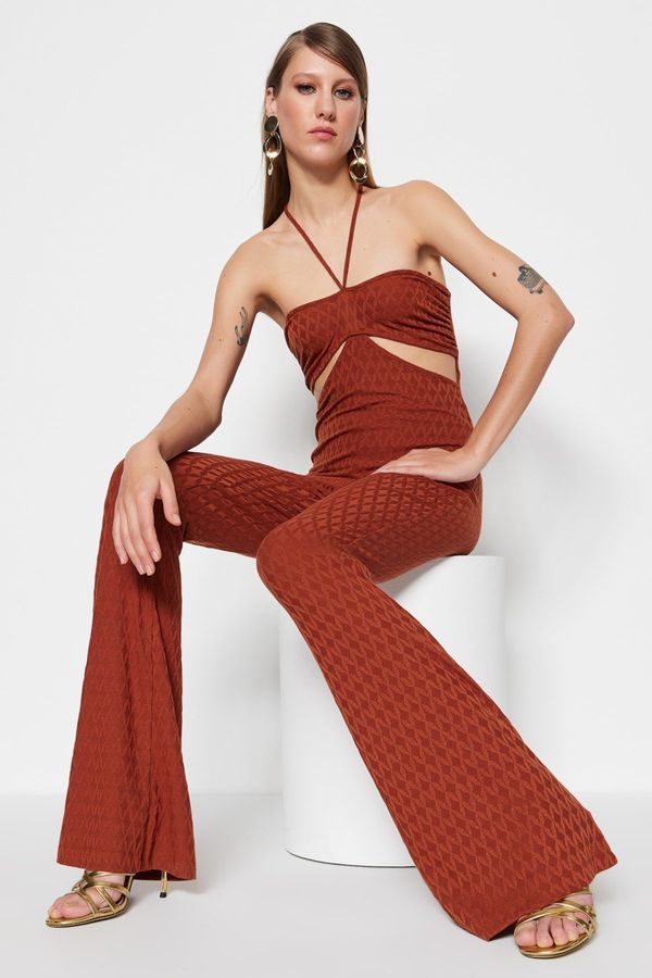 Trendyol Trendyol Cinnamon Knitted Window/Cut Out Detail Textured Self Patterned Jumpsuit