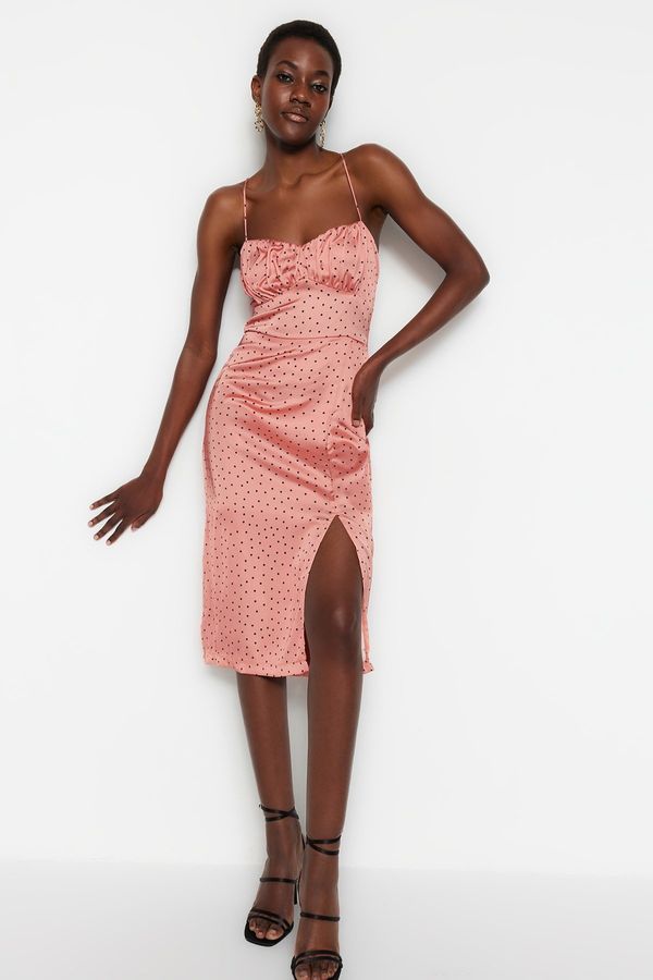 Trendyol Trendyol Cinnamon Polka Dot A-Cut Satin Midi Strap Woven Dress