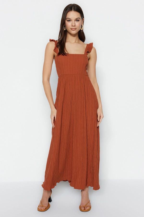 Trendyol Trendyol Cinnamon Shift/Straight Cut Square Neck Ruffle Detailed Maxi Woven Dress