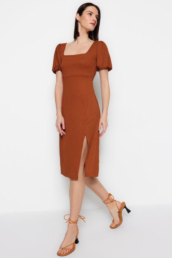 Trendyol Trendyol Cinnamon Square Neck Balloon Sleeve A-Line Slit Detailed Midi Knitted Dress