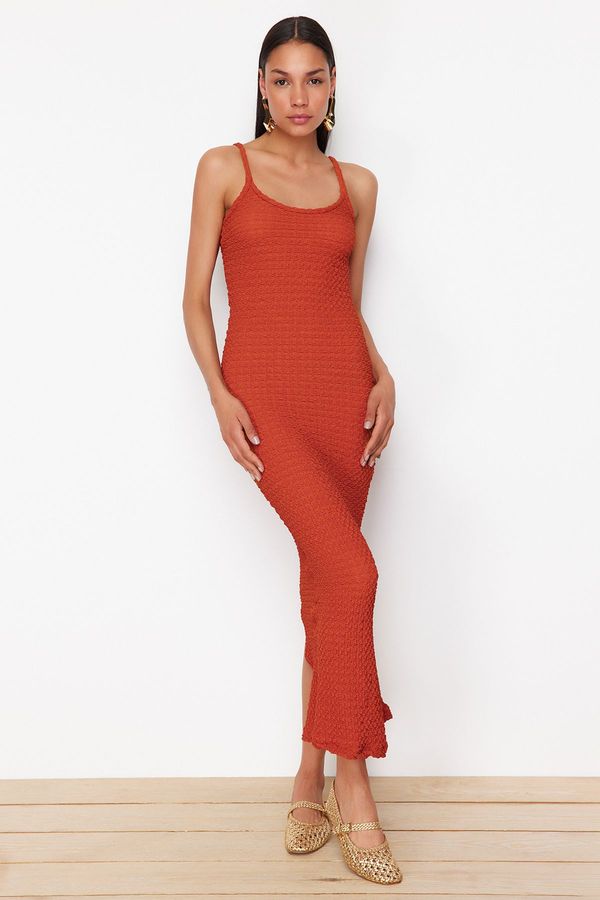 Trendyol Trendyol Cinnamon Textured Plain Bodycone/Fit Strap Maxi Stretchy Knitted Pencil Dress