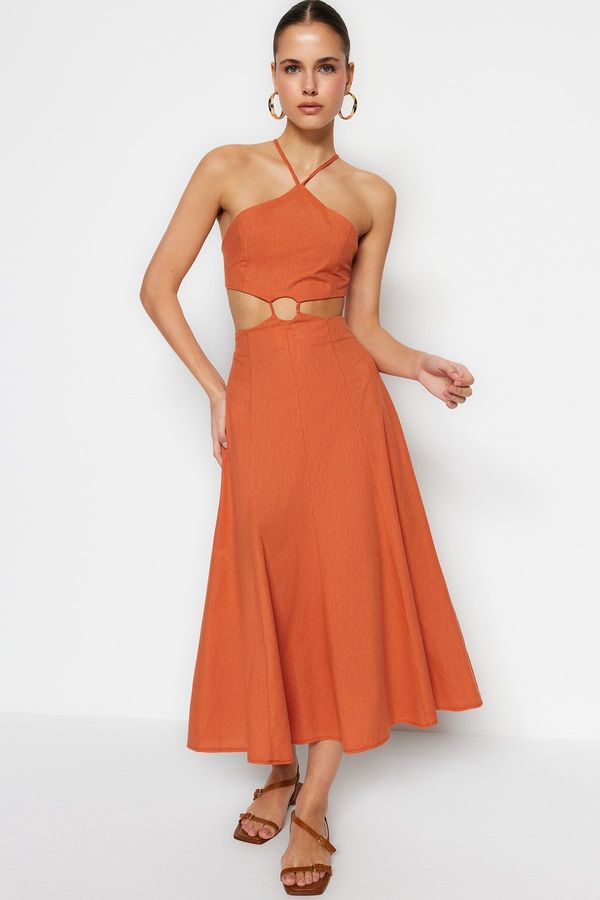 Trendyol Trendyol Cinnamon Waist Midi Window Detailed Woven Dress