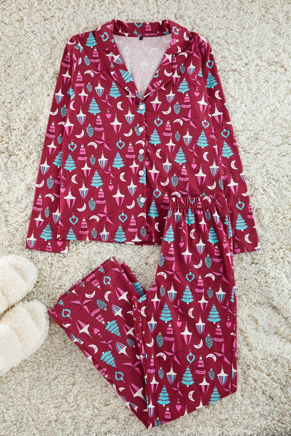 Trendyol Trendyol Claret Red 100% Cotton Christmas Themed Knitted Pajama Set