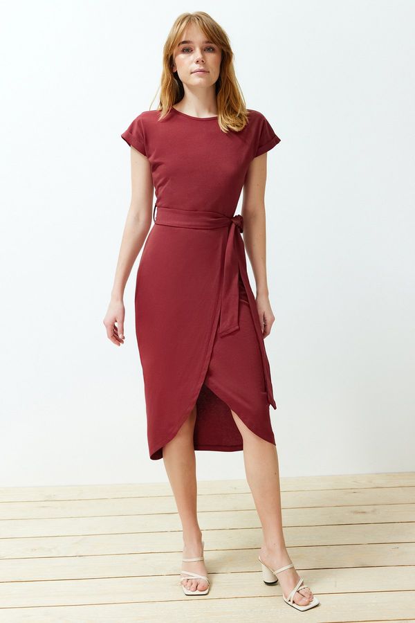 Trendyol Trendyol Claret Red 100% Cotton Double Breasted Closure Belt Detailed Midi Knitted Dress