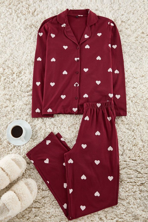 Trendyol Trendyol Claret Red 100% Cotton Heart Patterned Knitted Pajama Set