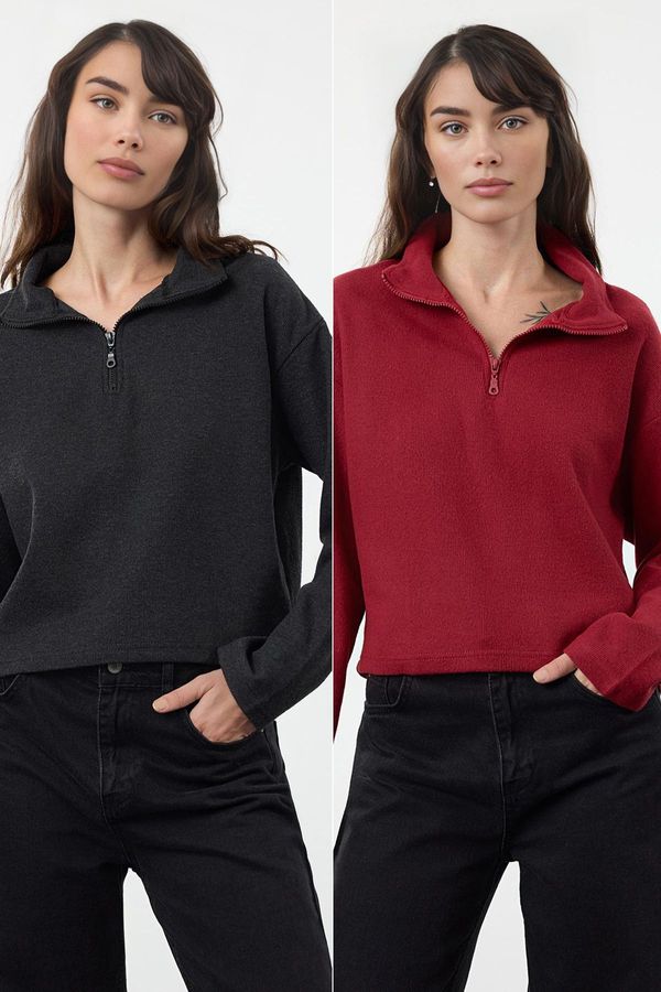 Trendyol Trendyol Claret Red-Anthracite 2-Pack Thessaloniki Regular Pattern Zippered Collar Knitted Sweatshirt