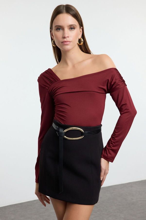 Trendyol Trendyol Claret Red Asymmetric Collar Fitted/Fits the Body Snap Flexible Knitted Bodysuit