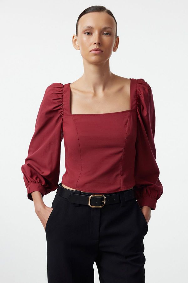 Trendyol Trendyol Claret Red Balloon Sleeve Square Collar Woven Blouse