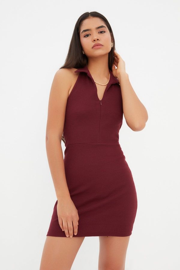 Trendyol Trendyol Claret Red Collar, Fitted Collar Mini Ribbed, Flexible Knit Dress