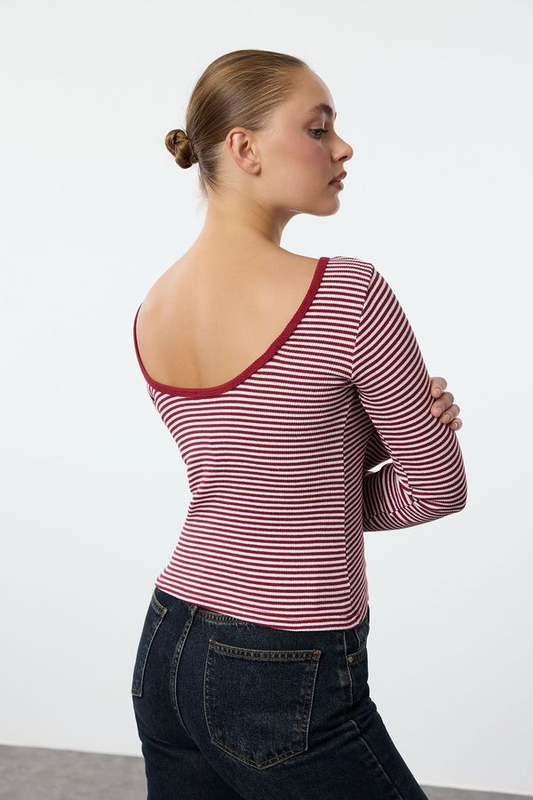 Trendyol Trendyol Claret Red Ecru Striped Backless Fitted/Fits Body Elastic Ribbed Knitted Blouse