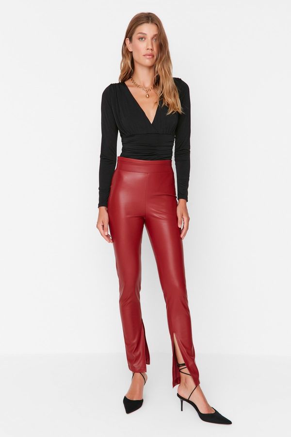 Trendyol Trendyol Claret Red Faux Leather Leggings With Slit Detailed