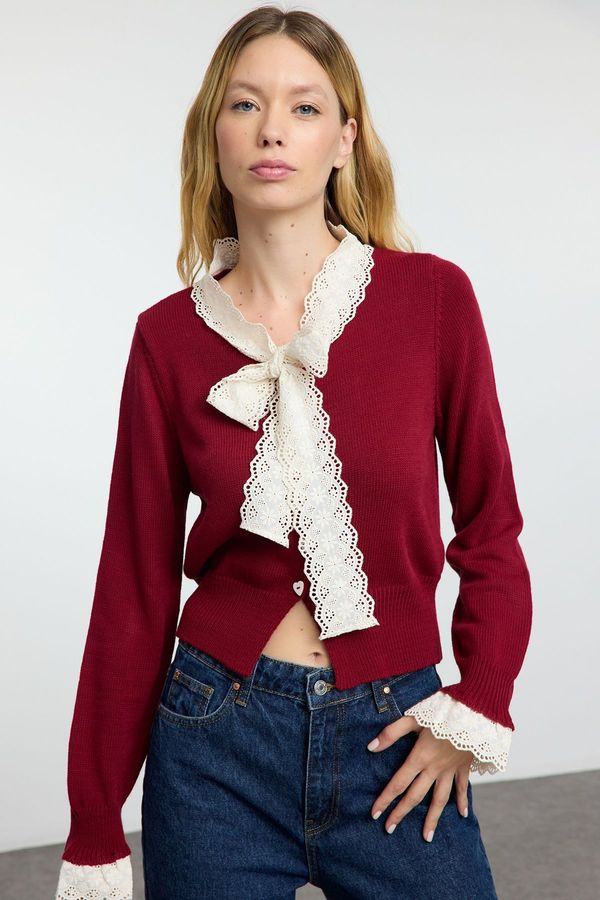 Trendyol Trendyol Claret Red Garni Detailed Color Block Knitwear Cardigan