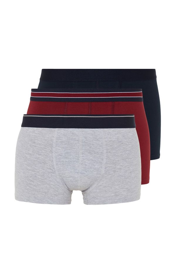 Trendyol Trendyol Claret Red-Grey-Navy Blue Plain Striped Elastic 3-Pack Boxer