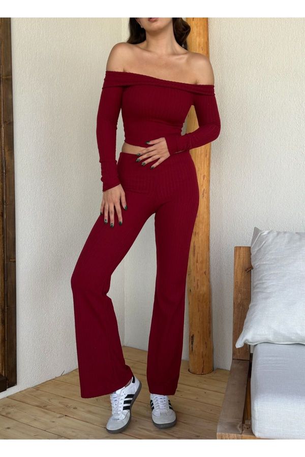 Trendyol Trendyol Claret Red High Waist Flexible Ribbed Knitted Trousers