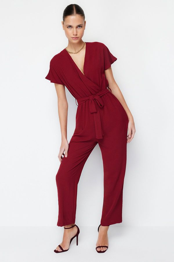 Trendyol Trendyol Claret Red Lacing Detailed Double Breasted Collar Pipe Leg Woven Jumpsuit