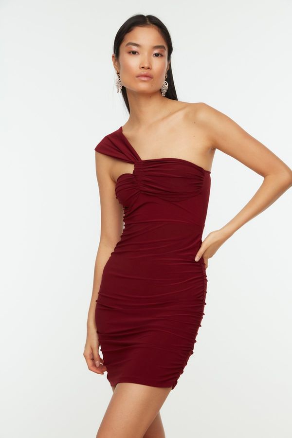 Trendyol Trendyol Claret Red One-Shoulder Detailed Knitted Evening Dress