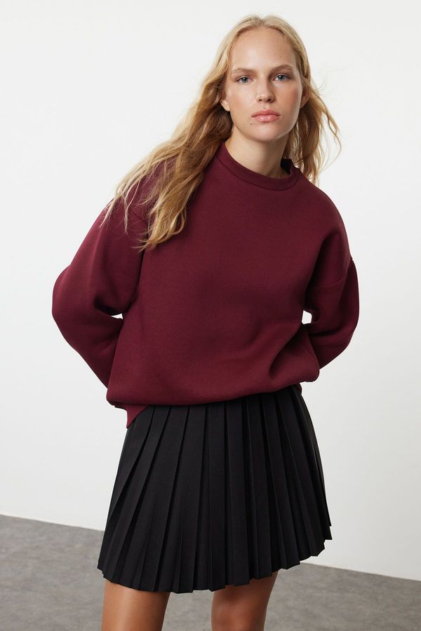 Trendyol Trendyol Claret Red Oversize/Relaxed Cut Basic Crew Neck Thick/Polar Inside Knitted Sweatshirt