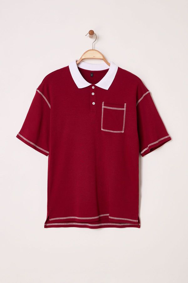 Trendyol Trendyol Claret Red Oversize/Wide Cut Stitch Detail Polo Neck T-shirt