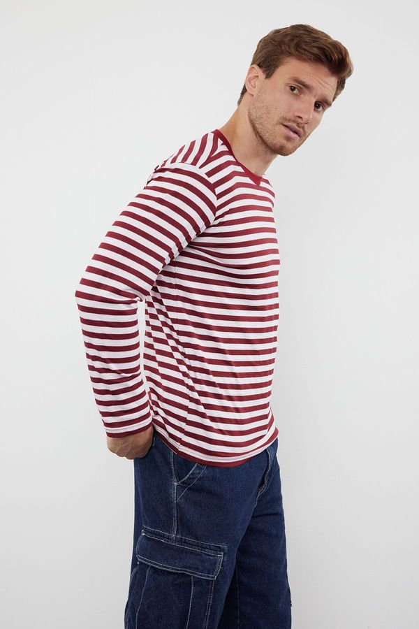 Trendyol Trendyol Claret Red Oversize/Wide Cut Striped Crew Neck Long Sleeve Cotton T-Shirt