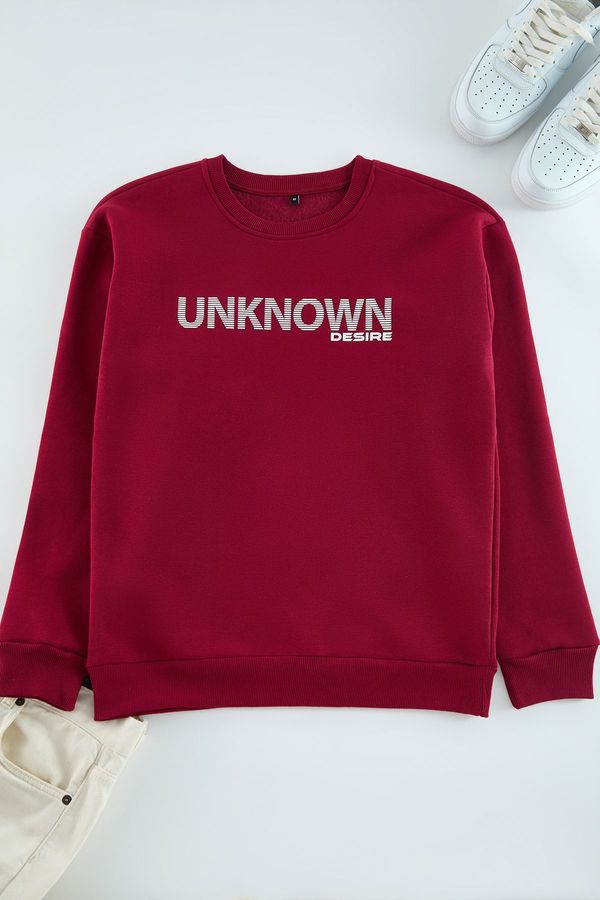 Trendyol Trendyol Claret Red Oversize/Wide Cut Text Printed Crew Neck Sweatshirt with Fleece Inside