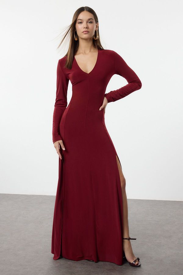 Trendyol Trendyol Claret Red Plain Limited Edition V Neck Skater/Waist Open Flexible Maxi Knit Dress