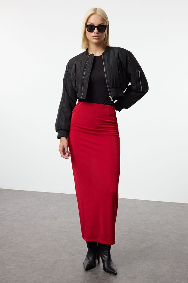 Trendyol Trendyol Claret Red Premium Shiny Surface and Soft Texture Draped Maxi Knitted Skirt