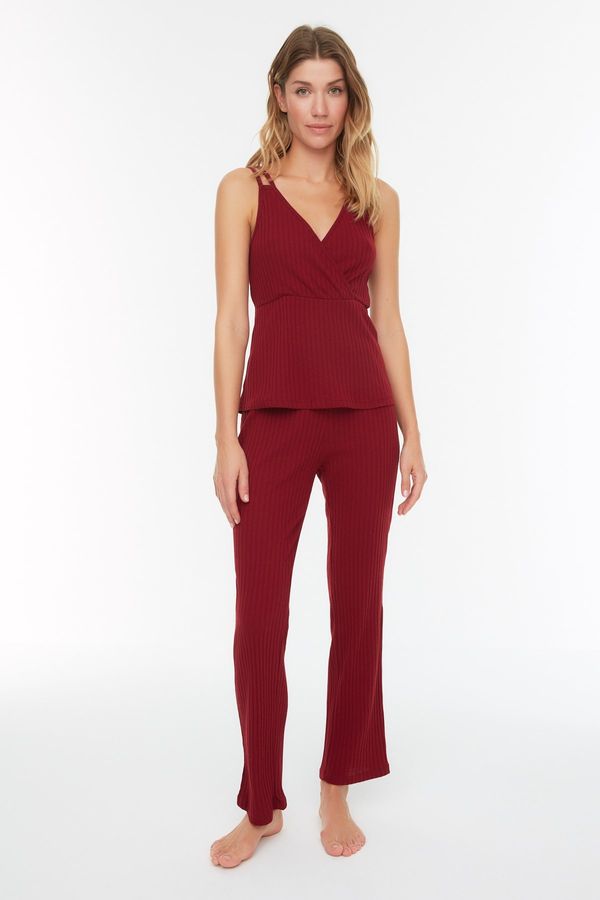 Trendyol Trendyol Claret Red Ribbed Rope Strap Knitted Pajama Set