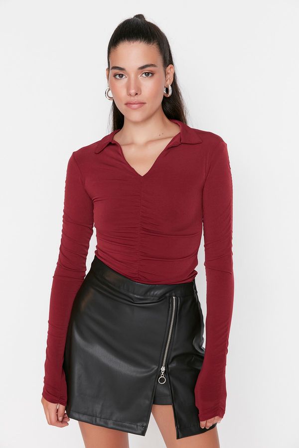 Trendyol Trendyol Claret Red Slim Gathered Polo Neck Flexible Knitted Blouse