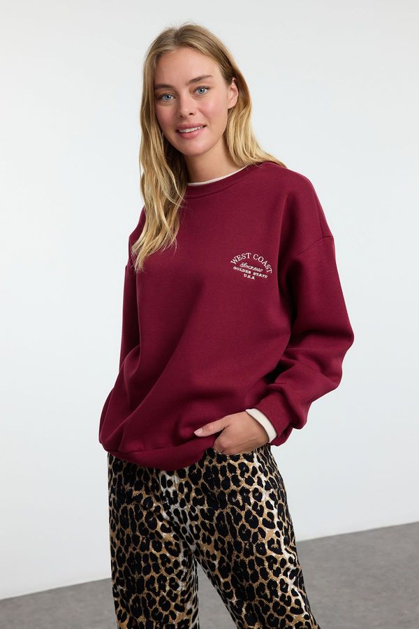 Trendyol Trendyol Claret Red Slogan Embroidered Color Block Oversize Thick Polar Fleece Knitted Sweatshirt