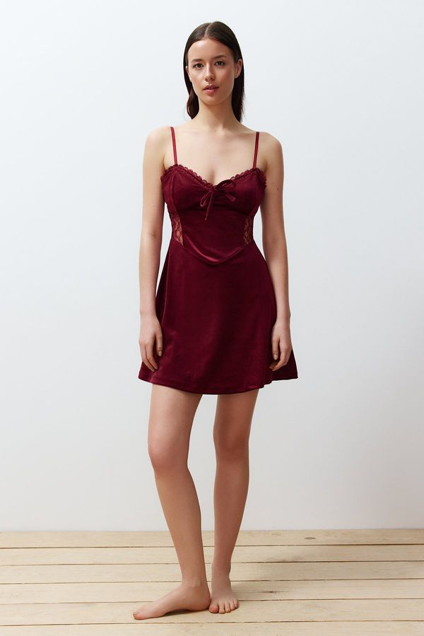 Trendyol Trendyol Claret Red Soft Feeling Lace Rope Strap Velvet Knitted Nightgown