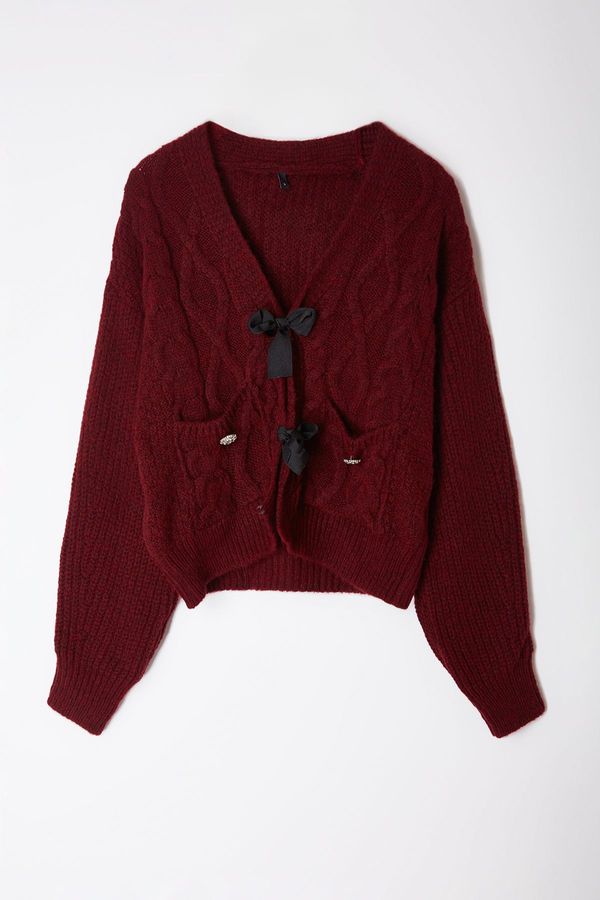 Trendyol Trendyol Claret Red Soft Textured Ribbon Detailed Hair Knit Sweater