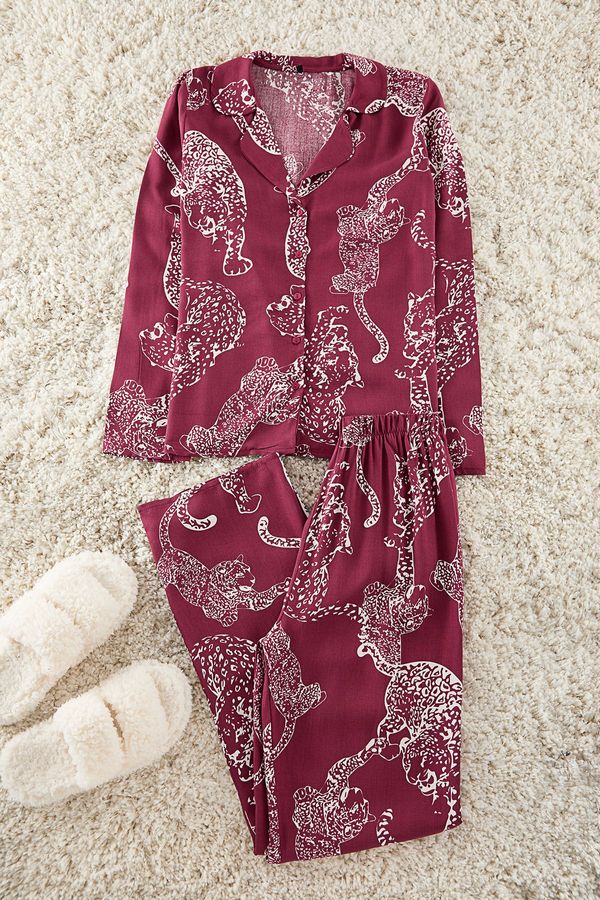 Trendyol Trendyol Claret Red Tiger Patterned Viscose Woven Pajamas Set